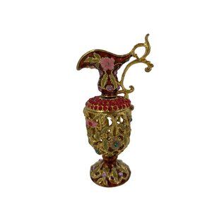 Vintage Gold Tone Miniature Pitcher‎ Trinket Box Rhinestones Enamel Floral